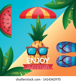 summer time holiday enjoy pineapple flip flops umbrella watermelon vector illustration