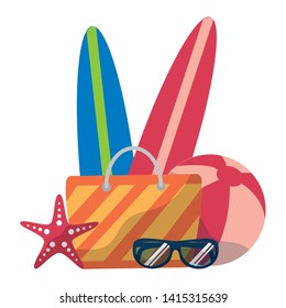 summer time holiday handbag ball sunglasses starfish surfboards vector illustration