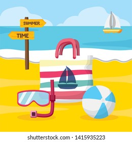 summer time holiday handbag snorkel ball beach vector illustration