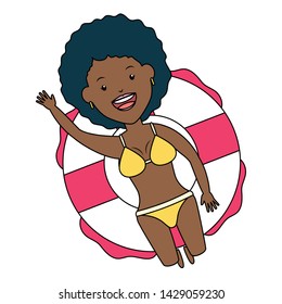 summer time holiday happy woman floating in the lifebuoy vector illustration