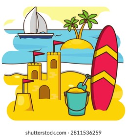 Summer Time Holiday Illustration.  A cheerful illustration capturing the joy of summer vacations, featuring sunny weather, relaxation, travel, and outdoor adventures