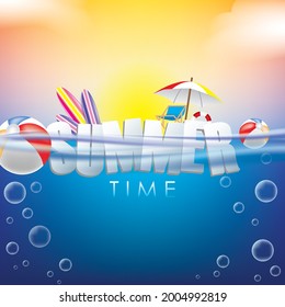 Summer Time Holiday Illustration with Typography Letter on Blue Ocean and Sky Background. Summer Vector Design for Banner, Flyer, Invitation, Brochure
