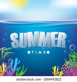 Summer Time Holiday Illustration with Typography Letter on Blue Ocean and Sky Background. Summer Vector Design for Banner, Flyer, Invitation, Brochure