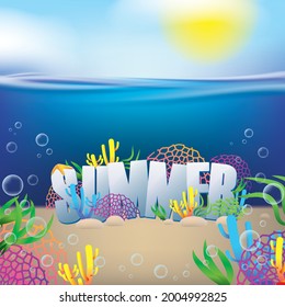 Summer Time Holiday Illustration with Typography Letter on Blue Ocean and Sky Background. Summer Vector Design for Banner, Flyer, Invitation, Brochure