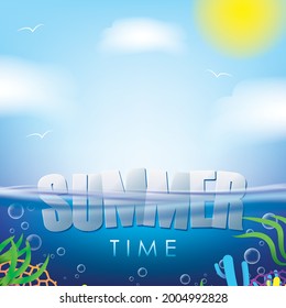 Summer Time Holiday Illustration with Typography Letter on Blue Ocean and Sky Background. Summer Vector Design for Banner, Flyer, Invitation, Brochure