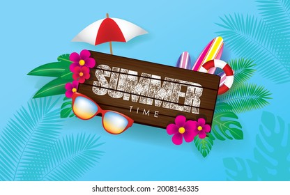 Ilustración de vacaciones de verano con carta tipográfica sobre fondo azul. Diseño de vectores de verano para pancarta, volante, invitación, folleto