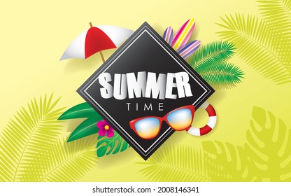 Summer Time Holiday Illustration with Typography Letter on Yellow Background. Summer Vector Design for Banner, Flyer, Invitation, Brochure