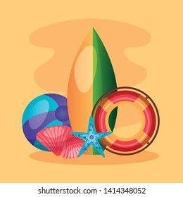 summer time holiday lifebuoy beachball starfish shell surfboard vector illustration