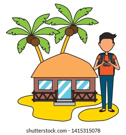 summer time holiday man with camera bungalow in the beach vector illustration