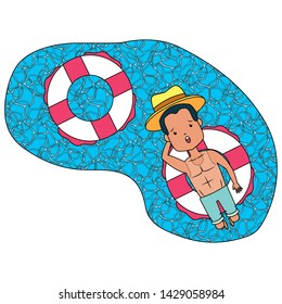 summer time holiday man with hat floating in the lifebuoy pool vector illustration