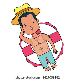 summer time holiday man with hat floating in the lifebuoy vector illustration