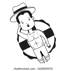 summer time holiday man with hat floating in the lifebuoy vector illustration