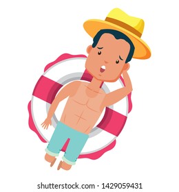 summer time holiday man with hat floating in the lifebuoy vector illustration