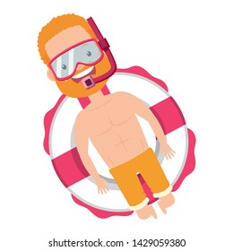 summer time holiday man with snorkel mask floating in the lifebuoy vector illustration