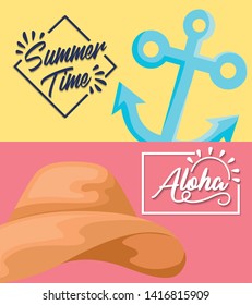 summer time holiday poster with anchor and straw hat