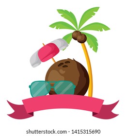 summer time holiday poster coconut palm sunglasses and umbrella ribbon vector illustration