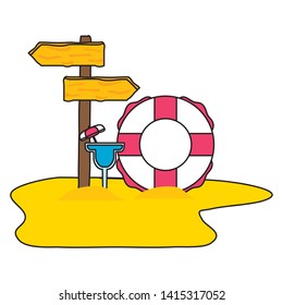 summer time holiday poster lifebuoy cocktail wooden placard vector illustration