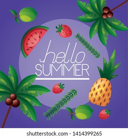 summer time holiday poster pineapple strawberry lime palm trees vector illustration