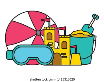 summer time holiday poster sand castle bucket ball glasses vector illustration