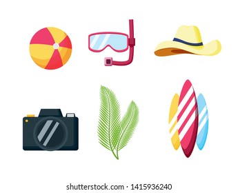 summer time holiday snorkel camera surfboards ball hat vector illustration