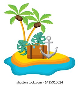 summer time holiday suitcase anchor palms beach leaves vector illustration