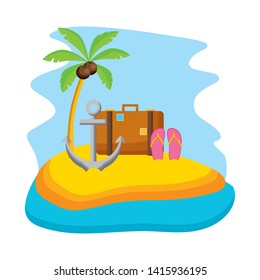 summer time holiday suitcase anchor flip flops umbrella palm beach vector illustration