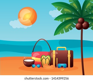 summer time holiday suitcase bag flip flops coconut sunglasses vector illustration