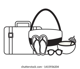 summer time holiday suitcase bag flip flops coconut sunglasses  vector illustration