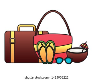 summer time holiday suitcase bag flip flops coconut sunglasses  vector illustration