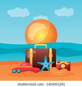 summer time holiday suitcase hat sunglasses camera beach vector illustration