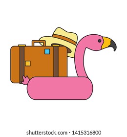 summer time holiday suitcase hat flamingo float vector illustration