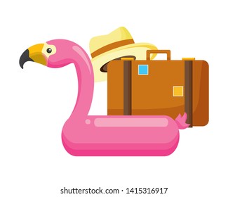 summer time holiday suitcase hat flamingo float vector illustration