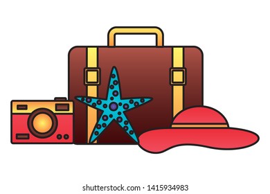 summer time holiday suitcase hat sunglasses camera starfish  vector illustration