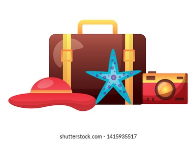 summer time holiday suitcase hat sunglasses camera starfish  vector illustration
