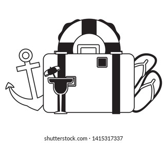 summer time holiday suitcase lifebuoy anchor cocktail flip flops vector illustration