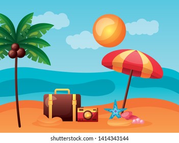 summer time holiday suitcase umbrella camera beach vector illustration