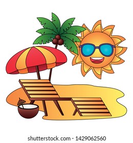 summer time holiday sun character umbrella beach sunbed sunglasses coconut palm tree vector illustration