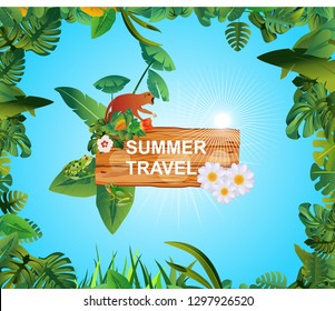 Summer Time Holiday and travel  illustration with monkey on vintage wood background. Tropical floral frame  with blue sky. Design template 