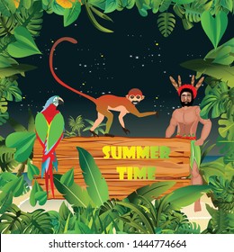 Summer Time Holiday and travel illustration with monkey and aboriginal man on night jungle wood background. Tropical floral frame with night sky. Design template