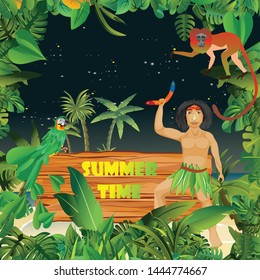 Summer Time Holiday and travel illustration with monkey and aboriginal man on night jungle wood background. Tropical floral frame with night sky. Design template