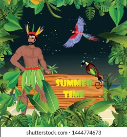 Summer Time Holiday and travel illustration with parrot and aboriginal man on night jungle wood background. Tropical floral frame with night sky. Design template