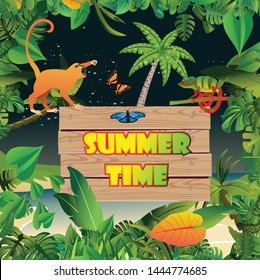 Summer Time Holiday and travel illustration with monkey on night jungle wood background. Tropical floral frame with night sky. Design template
