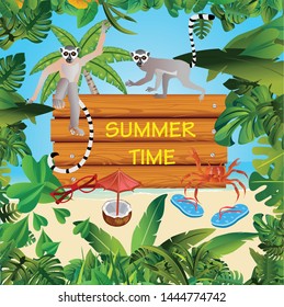 Summer Time Holiday and travel illustration with lemurs on jungle wood background. Tropical floral frame with night sky. Design template