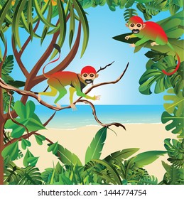 Summer Time Holiday and travel illustration with monkeys on jungle wood background. Tropical floral frame with night sky. Design template