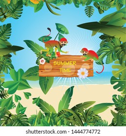 Summer Time Holiday and travel illustration with monkeys on jungle wood background. Tropical floral frame with night sky. Design template