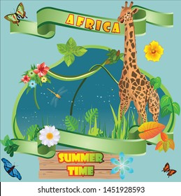 Summer Time Holiday and travel illustration with giraffe on wood background. Tropical floral frame with blue sky. Design template