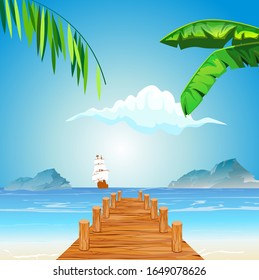 Summer Time Holiday and travel illustration with sailed ship on ocean, wooden pier. Tropical floral  with blue sky. Design template