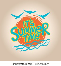 Summer time Holiday typographic illustration on a background of clouds and beach and sea. Vector Illustration.