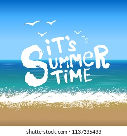 Summer time Holiday typographic illustration on a background of clouds and beach and sea. Vector Illustration.