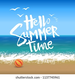 Summer time Holiday typographic illustration on a background of clouds and beach and sea. Vector Illustration.